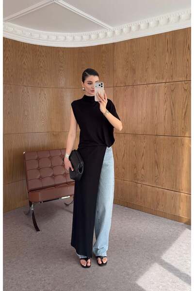 HAZELANNA Ασύμμετρη μαύρη μπλούζα με μακριά μέρη