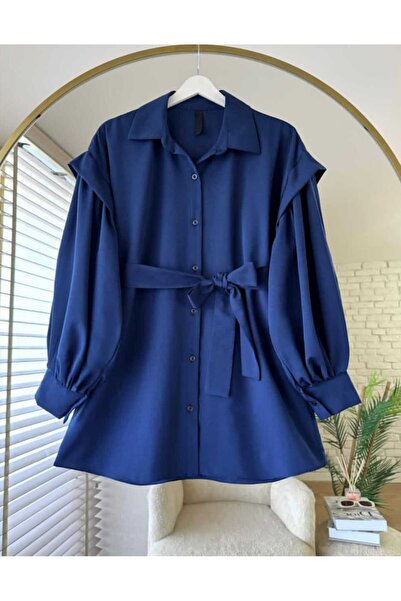 by nursel çiçek Women's Trendy Sleeves Pleated Belted Shirt