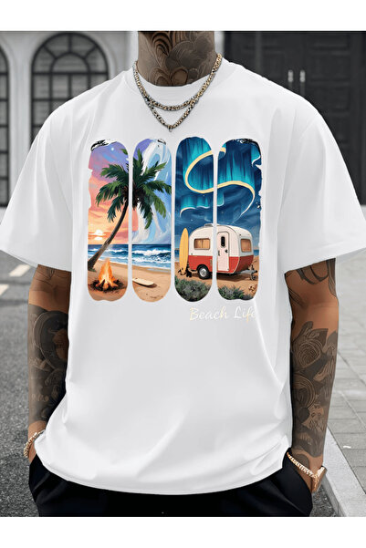 gencerco Μπλουζάκι Bay Beach Life με λεπτομερή στάμπα, Premium Oversize