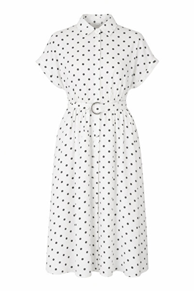 HAZELANNA Λευκό φόρεμα πουά με ζώνη