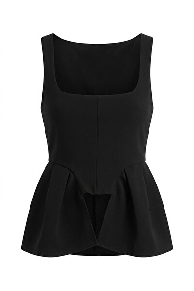 HAZELANNA Μαύρη μπλούζα με τετράγωνο λαιμό και λεπτομέρεια βολάν