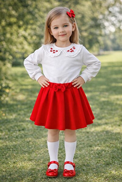 KOZADANKIDS 23 NİSAN KIZ ÇOCUK BEYAZ SWEATSHİRT NAKIŞLI YAKA DETAYLI UZUN KOL...