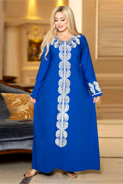 AsrymShop Abaya for Reception Parties, Light Cotton Viscose, Embroidered, Blue.