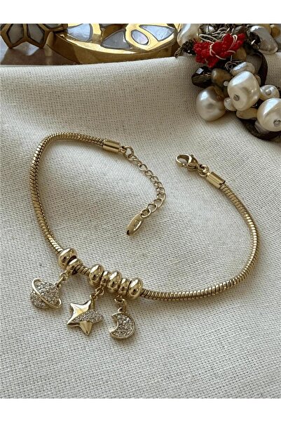 POSH AND PROUD VİP SERİ GEZEGEN DETAY FULL TAŞLI CHARM MODEL GOLD BİLEKLİK