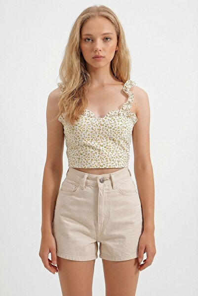 bacc Κίτρινη μπλούζα με λαιμόκοψη καρδιά, φλοράλ σχέδιο, διακοσμητικό λουράκι...