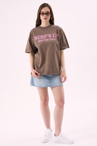 CrepTekstil Crep Women's Surf's up Text Printed Crew Neck Short Sleeve T-Shirt – Oversize Fit 100% Cotton Mink