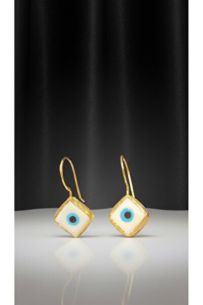 SR Jewelry Box Kare Nazar Boncuğu Küpe – Gold Çerçeveli Minimal Şans Küpesi