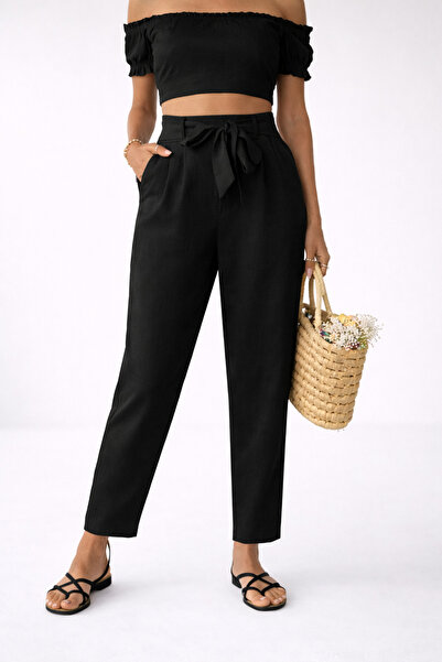 Hazel Γυναικείο μαύρο λινό παντελόνι καρότο με ζώνη