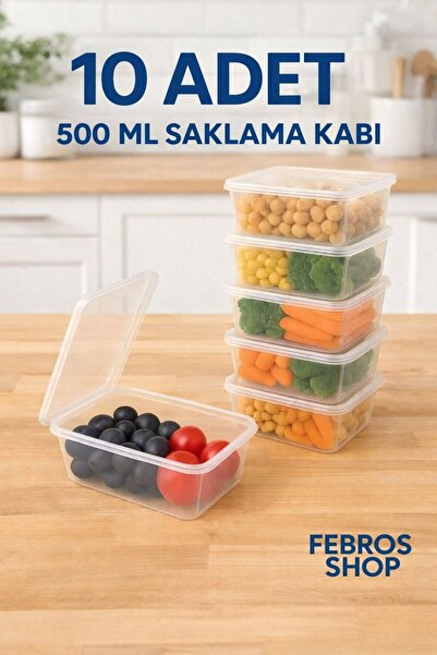 Febros 500ML Dikdörtgen Kapaklı Derin Dondurucu Saklama Kabı 10'lu Set Buzluk...