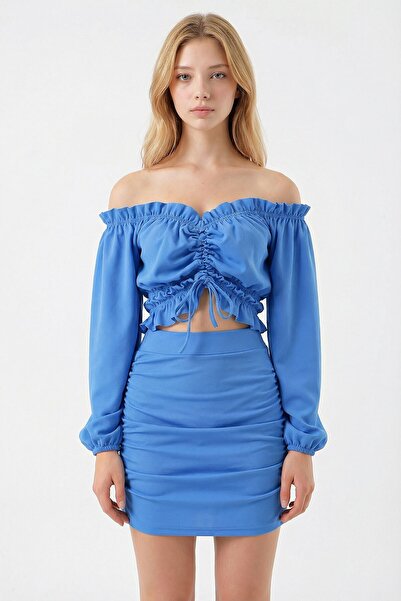 bacc Μπλε μπλούζα Madonna με γιακά, ανοιχτό στους ώμους και μπροστινό κορδόνι...