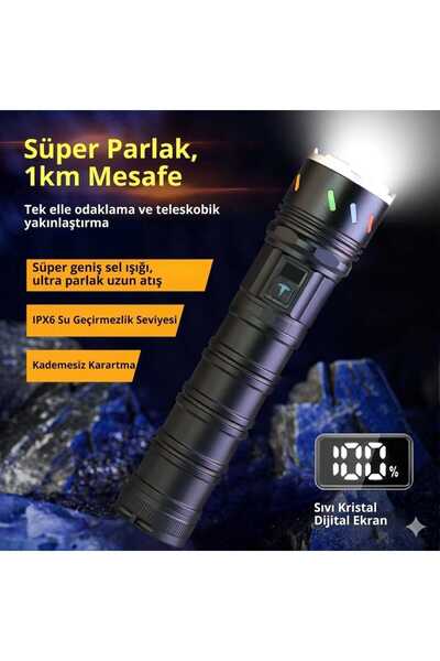 FAVBOX El Feneri Dış Mekan USB Şarjlı Güçlü Işık Teleskopik Alüminyum Alaşıml...