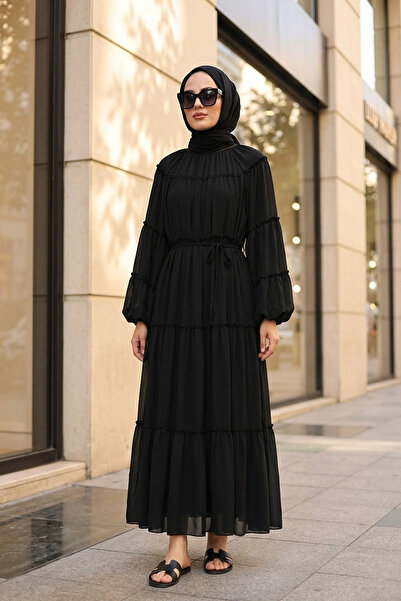 MODAQU Μαύρο φόρεμα από σιφόν με επένδυση και μανίκια μπαλόνι