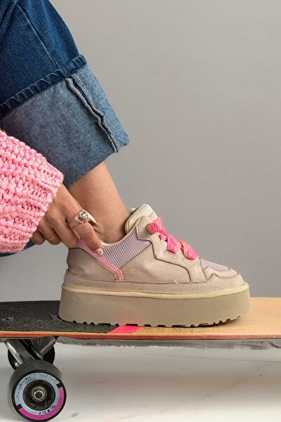 Shoebutik Jenga Beige Suede Lace-Up Women's Sneakers