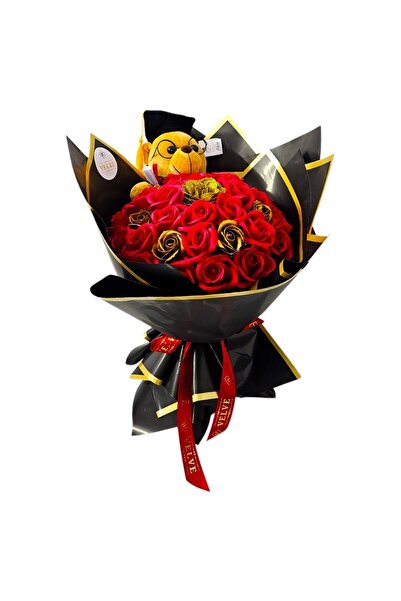 velve Ανθοδέσμη αποφοίτησης με αρκουδάκι και κόκκινα-χρυσά σαπουνένια τριαντά...