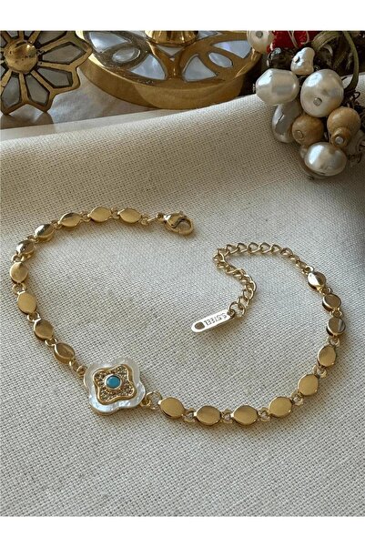 POSH AND PROUD VİP SERİ ARPA ZİNCİR BEYAZ MİNELİ YONCA MODEL GOLD BİLEKLİK