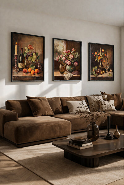 STARYUNA Τριπλό σετ ζωγραφικής με μαύρο ξύλινο πλαίσιο, με θέμα τη νεκρή φύση...