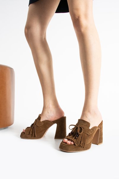 dericia shoes Summery Genuine Leather Tan Suede Women's High Heel Slippers