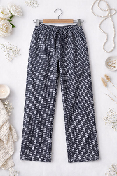 MİRA BUTİK Women's Waterway Fabric Small Square Patterned Trousers Elastic Wa...