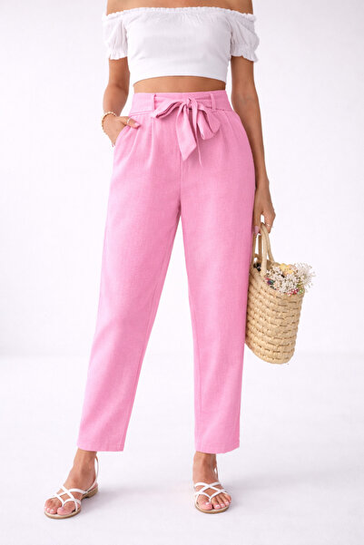 Hazel Γυναικείο ροζ λινό παντελόνι καρότο με ζώνη