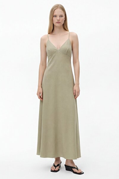 Quzu Μακρύ φόρεμα με λαιμόκοψη V και χιαστί λουράκια, χακί