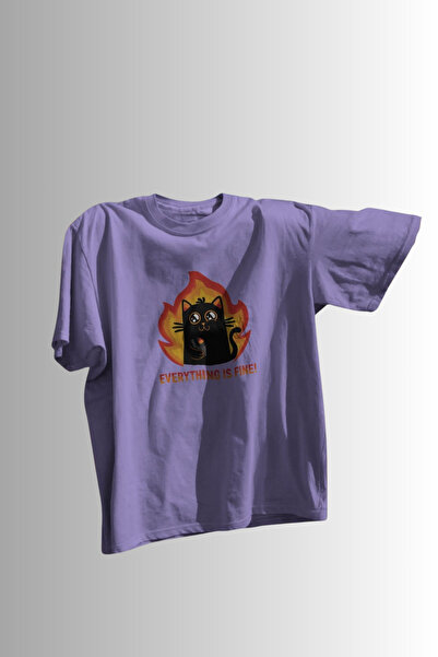 Ninkasiwear تي شيرت "Everything Is Fine" مطبوع عليه قطة مزحة، مقاس كبير للجنس...