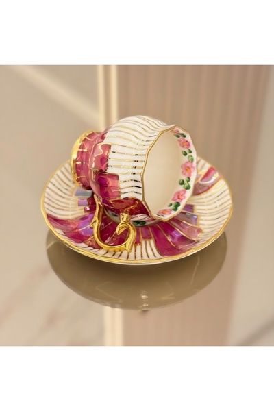 BY.RAYKA PORSELEN El Dekor Porcelain Hand-Painted Pervize Step-Patterned Fuch...