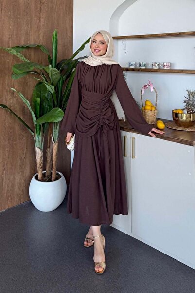 Şulemoda Giyim Τρόγια Λινό Φόρεμα Καφέ