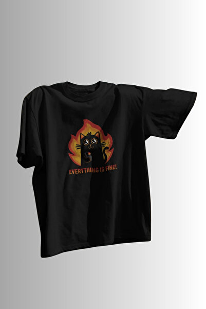 Ninkasiwear "Everything Is Fine" Ironical Cat Printed Unisex Oversize 24/1 10...
