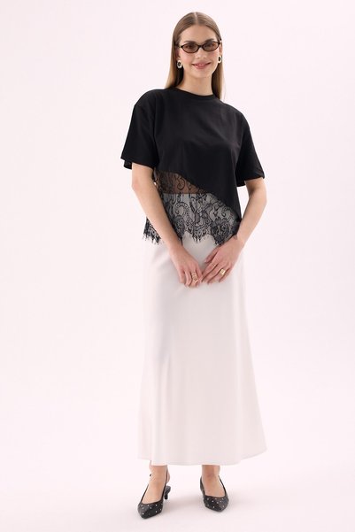 CrepTekstil Crep Women's Asymmetrical Cut Lace Detailed Design Black Short Sleeve T-Shirt – Modern Fit 100% Cotton