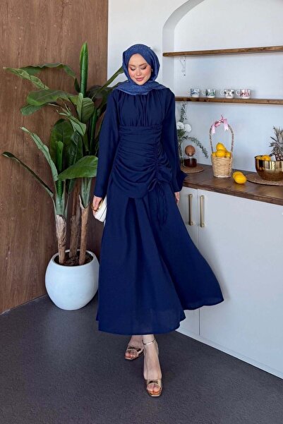 Şulemoda Giyim Τρόγια Λινό Φόρεμα Ναυτικό Μπλε