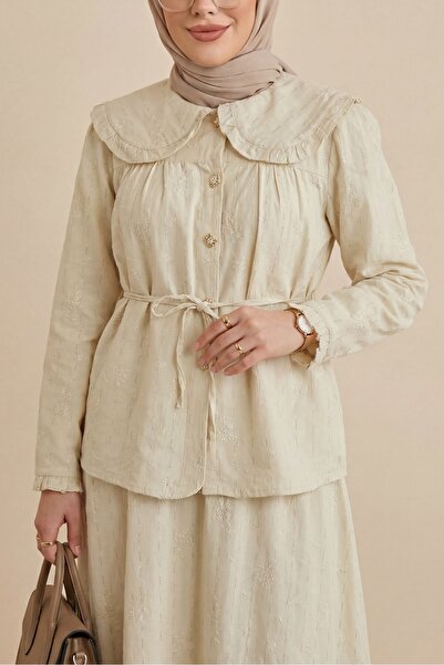Modamorfo Baby Collar, Laced, Buttoned, Skirted, Lined, Linen Look Suit - Beige