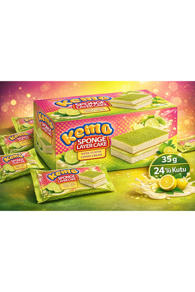 KEMO Sponge Layer limon aromalı kremalı katlı kek 35 gr 24 adet (1kutu )