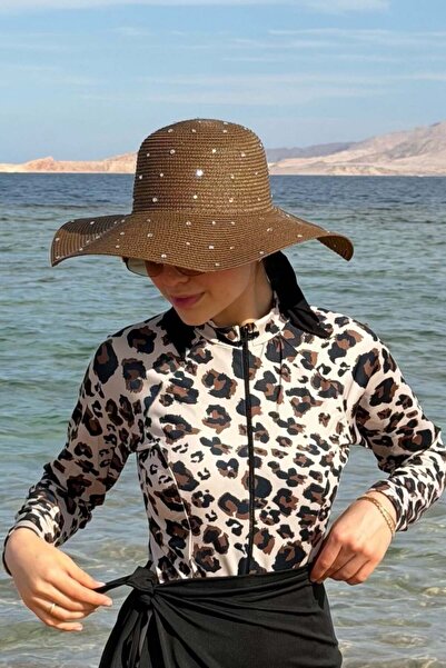 Şulemoda Giyim Ευρύχωρο ψάθινο καπέλο με πλήρη επένδυση από πέτρες, καφέ χρώμα