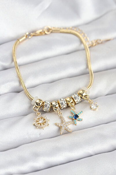 Butik Pirinç Gold Renk Deniz Tema Charmlı Kadın Bileklik