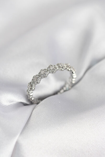 Nehir Stylish Row Flower Model Silver Color Zircon Stone Women's Ring Teacher...