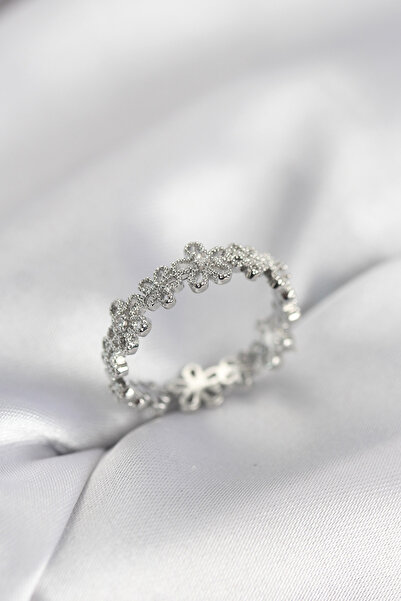 Nehir Stylish Silver Color Row Flower Model Zircon Stone Women's Ring Teacher...