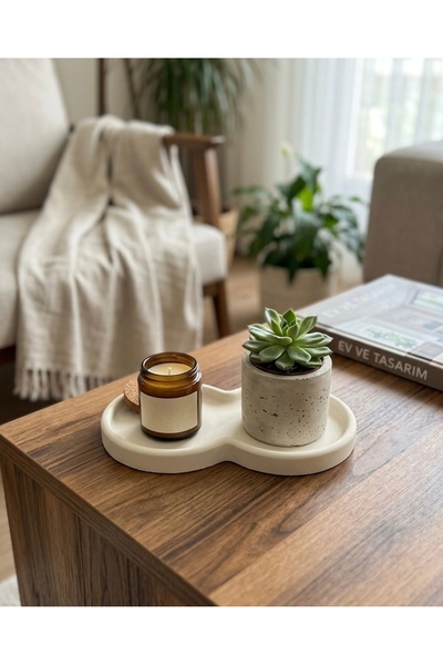 - Dekoratif Beton Sunumluk Tabak Saksı ve Mum Altlığı