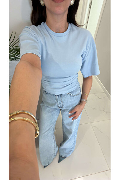 BİRCANÇİL Tods Baby Blue Bat Sleeve T-Shirt with Gathered Sides