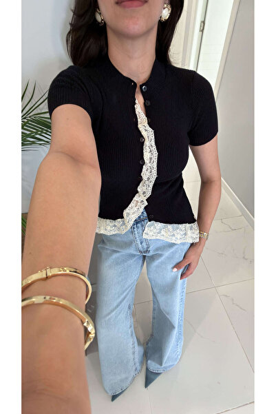 BİRCANÇİL Josle Μαύρη κοντομάνικη δαντελωτή ζακέτα