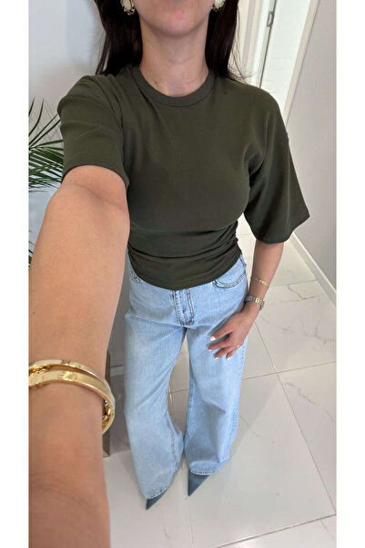 BİRCANÇİL Tods Khaki Bat Sleeve T-Shirt with Gathered Sides