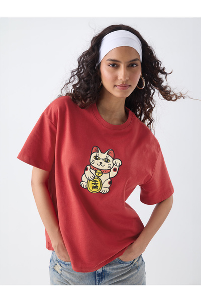 The Souled Store By Styli Red Lucky Cat Oversized T-Shirt