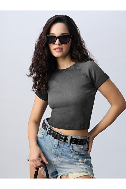 The Souled Store By Styli Grey Ribbed Acid Wash Crop T-Shirt