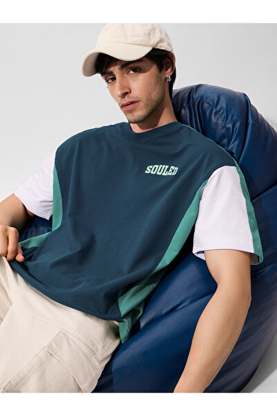 The Souled Store By Styli تي شيرت قطني كبير الحجم بلون أزرق مخضر