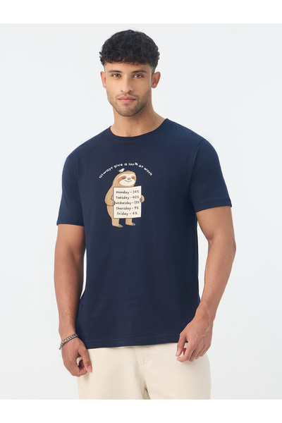The Souled Store By Styli تي شيرت قطني مطبوع عليه Sloth باللون الأزرق الداكن