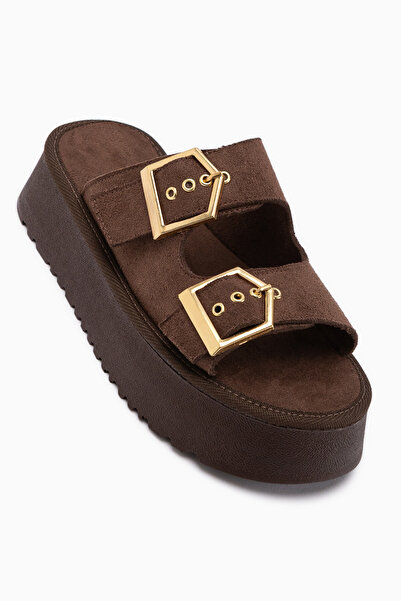 Limoya Γυναικείες παντόφλες Jenet Brown Suede με διπλό λουράκι