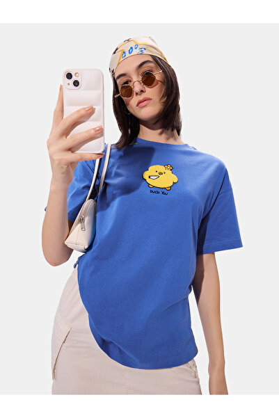 The Souled Store By Styli Blue Embroidered Oversized T-Shirt