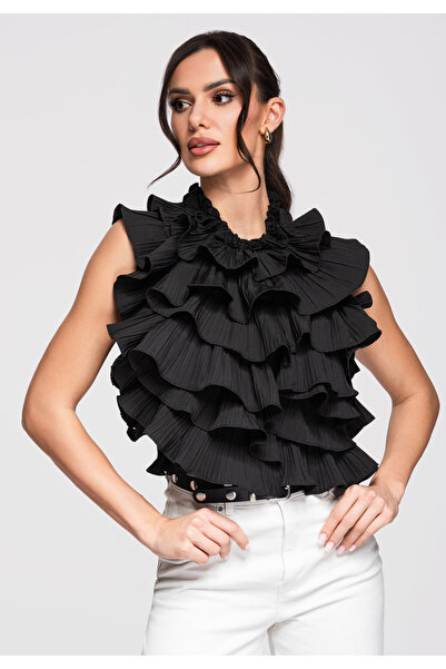 OMBRE Femei Bluză Elegantă OW-TS-E0006 Top cu Volane Moderne Negru