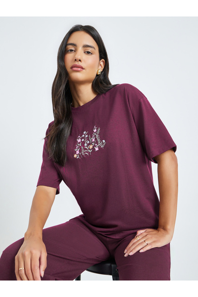 Styli Burgundy Embroidered Floral Oversized T-Shirt