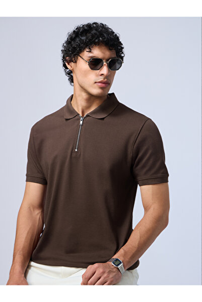 The Souled Store By Styli Men Brown Solid Quarter-Zip Polo