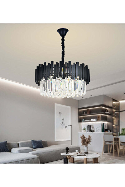 RFAN Chandelier, Model WL339/500, Crystal Texture, Metal, 8 x E27, Black